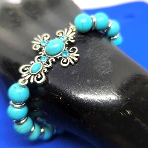 Natural Turquoise Beaded 10mm  Bracelet With Fancy Cross NWT